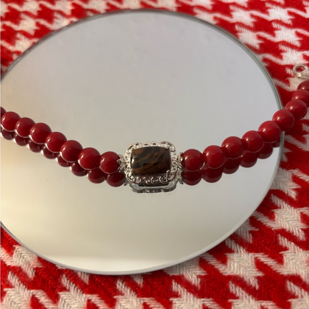 Elegant Red Quartzite Beaded Necklace with Coffee Obsidian and Silver Accents